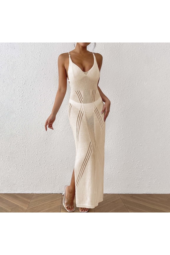 Women Swimsuit Cover Up Crochet Hollow Out Coverups Spaghetti Strap Sleeveless Knit Beach Dress