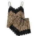 thumbnail image 1 of TMOYZQ Women Two Piece Silk Satin Pajamas Sets Sexy Leopard Print Lace Hem V-Neck Spaghetti Strap Camisole Sleeveless Lingerie Crop Top + Elastic Shorts Sleepwear Loungewear Set, 1 of 1