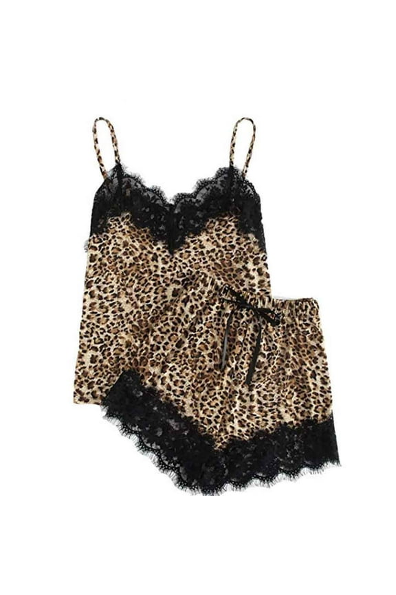 Women Two Piece Silk Satin Pajamas Sets Sexy Leopard Print Lace Hem V-Neck Spaghetti Strap Camisole Sleeveless Lingerie Crop Top + Elastic Shorts Sleepwear Loungewear Set