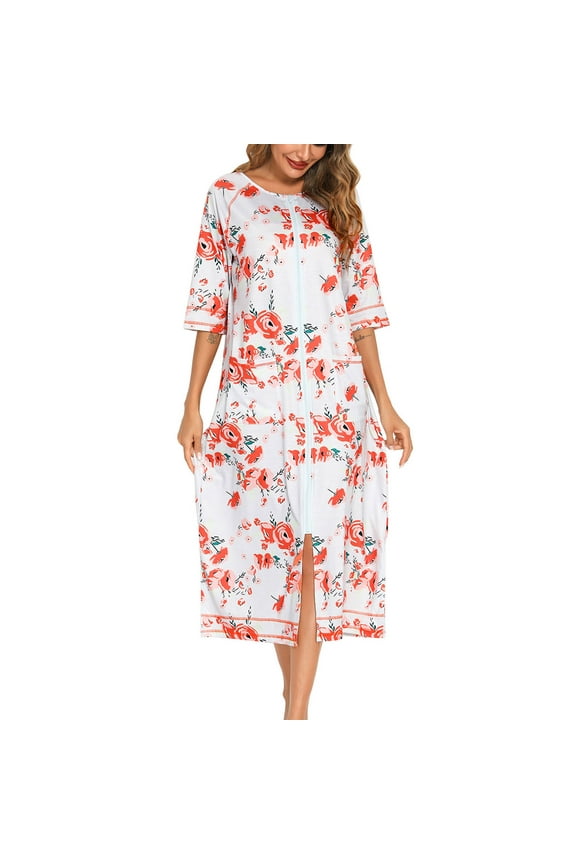 Women Zipper Up 3/4 Sleeves Robe Loungewear Sleep Dress Full Length Floral Print Sleepwear Housecoat Nightgown Loose Comfy Long Bathrobe with Pockets S-XXL