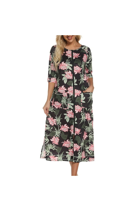 Women Zipper Up 3/4 Sleeves Robe Loungewear Sleep Dress Full Length Floral Print Sleepwear Housecoat Nightgown Loose Comfy Long Bathrobe with Pockets S-XXL