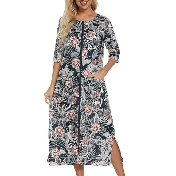 TMOYZQ Women Zipper Up 3/4 Sleeves Robe Loungewear Sleep Dress Full Length Floral Print Sleepwear Housecoat Nightgown Loose Comfy Long Bathrobe with Pockets S-XXL