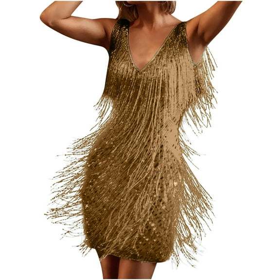 TMOYZQ Women's 1920s Sleeveless Tassels Flapper Bodycon Mini Dresses Layered Fringe V Neck Tank Dress Cocktail Party Latin Dance Ballroom Dress Clubwear