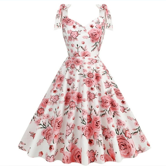TMOYZQ Women's 1950s Hepburn Sleeveless V-Neck Midi Dress Floral Printed Flowy A-Line Dress Swing Evening Party Cocktail Dress