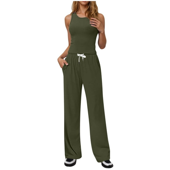 TMOYZQ Women's 2 Piece Outfits Lounge Sets Sleeveless Crewneck Tank Tops and Wide Leg Pants Going Out Athletic Sets