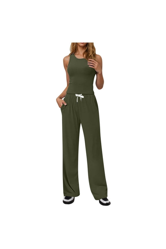 Women's 2 Piece Outfits Lounge Sets Sleeveless Crewneck Tank Tops and Wide Leg Pants Going Out Athletic Sets