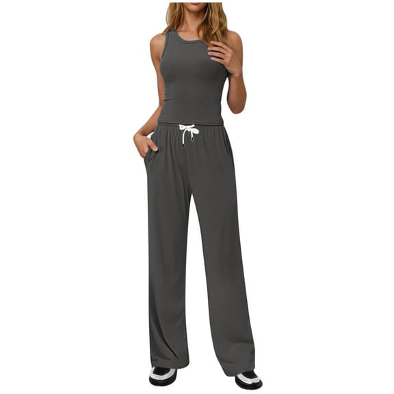 TMOYZQ Women's 2 Piece Outfits Lounge Sets Sleeveless Crewneck Tank Tops and Wide Leg Pants Going Out Athletic Sets