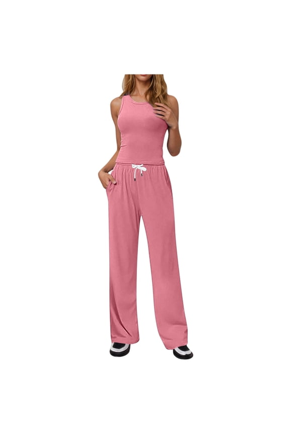Women's 2 Piece Outfits Lounge Sets Sleeveless Crewneck Tank Tops and Wide Leg Pants Going Out Athletic Sets