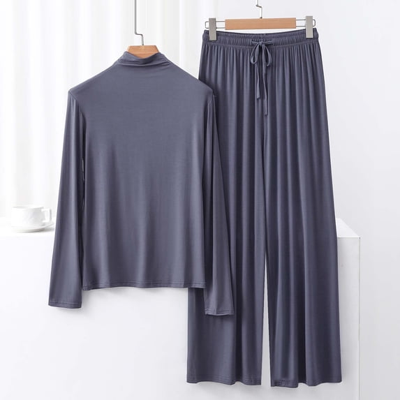TMOYZQ Women's 2 Piece Pj Lounge Set Casual Loose Long Sleeve Top Wide Leg Pants Soft Housewear Outfit Sets