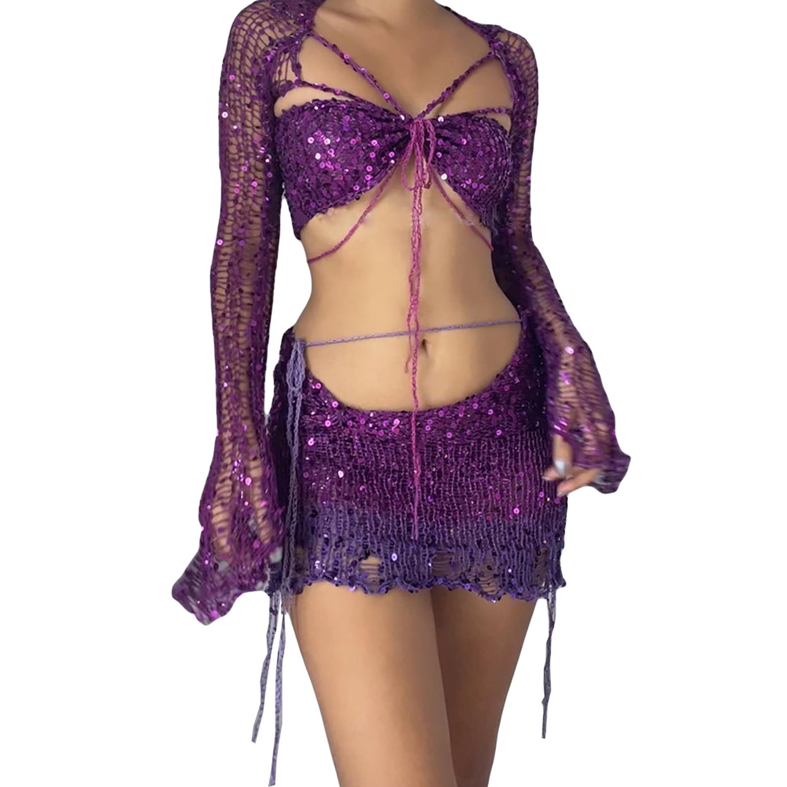 Sexy Two pieces Set Sequined Jumpsuit Women Crop Tops Jumpuit
