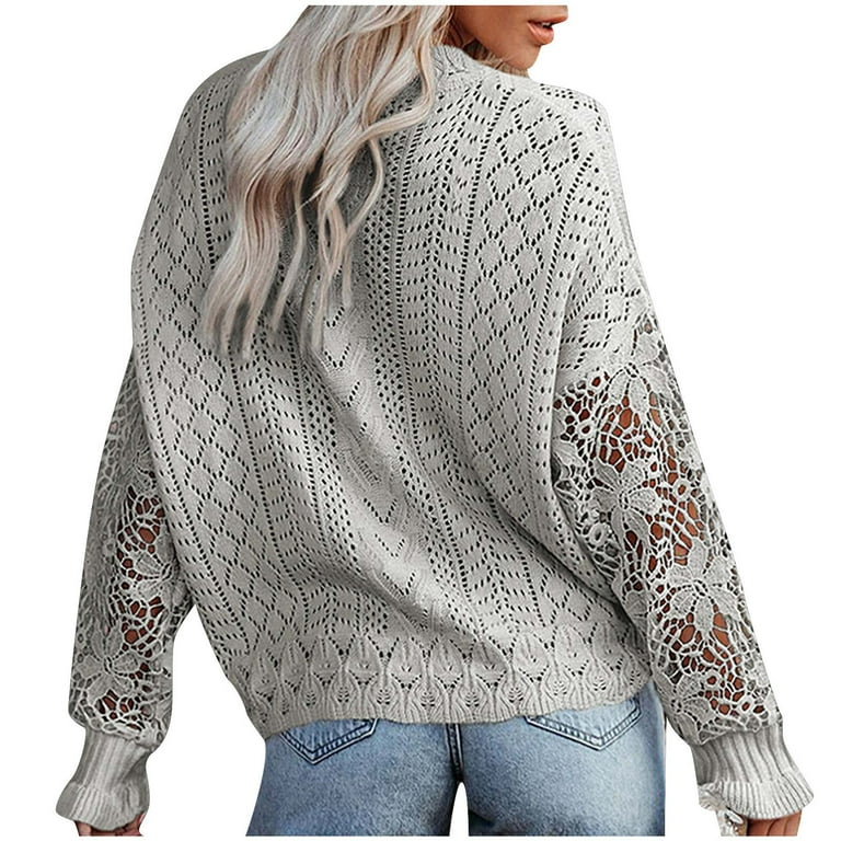 Plus Size Womens 2024 Lace Knitted Jumper Ladies Long Sleeve Casual Pullover Tops US