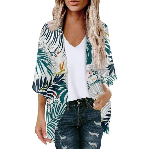 TMOYZQ Women's 3/4 Sleeve Beach Cover Ups Lightweight Chiffon Open Front Kimono Cardigan Casual Summer Loose Bikini Cardigan Outerwear Bathing Suit Cover Up