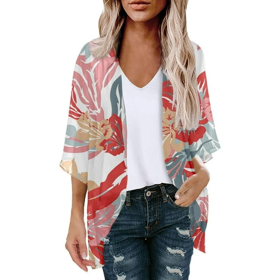 TMOYZQ Women's 3/4 Sleeve Beach Cover Ups Lightweight Chiffon Open Front Kimono Cardigan Casual Summer Loose Bikini Cardigan Outerwear Bathing Suit Cover Up