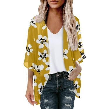 TMOYZQ Women's 3/4 Sleeve Beach Cover Ups Lightweight Chiffon Open Front Kimono Cardigan Casual Summer Loose Bikini Cardigan Outerwear Bathing Suit Cover Up