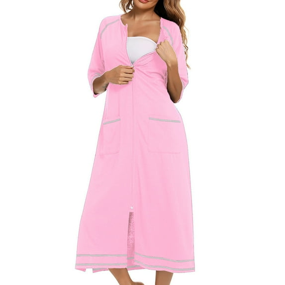 TMOYZQ Women's 3/4 Sleeve Full Length Nightshirt Round Neck Zip Up Pajama Dress Nightgown Soft Comfy Long Nighties Sleepwear Sleep Dress with Pockets