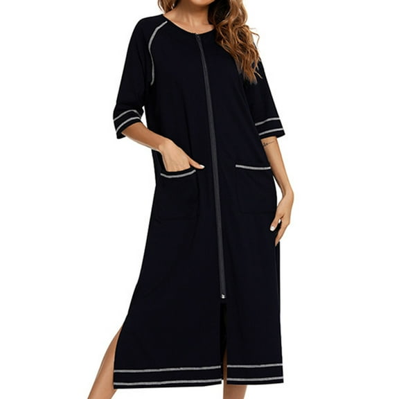 TMOYZQ Women's 3/4 Sleeve Full Length Nightshirt Round Neck Zip Up Pajama Dress Nightgown Soft Comfy Long Nighties Sleepwear Sleep Dress with Pockets