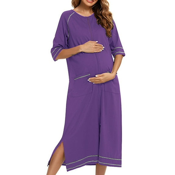TMOYZQ Women's 3/4 Sleeve Full Length Nightshirt Round Neck Zip Up Pajama Dress Nightgown Soft Comfy Long Nighties Sleepwear Sleep Dress with Pockets