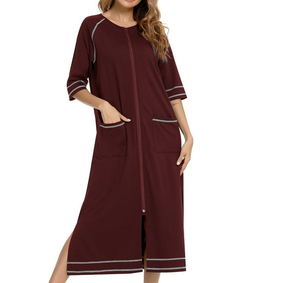 TMOYZQ Women's 3/4 Sleeve Full Length Nightshirt Round Neck Zip Up Pajama Dress Nightgown Soft Comfy Long Nighties Sleepwear Sleep Dress with Pockets