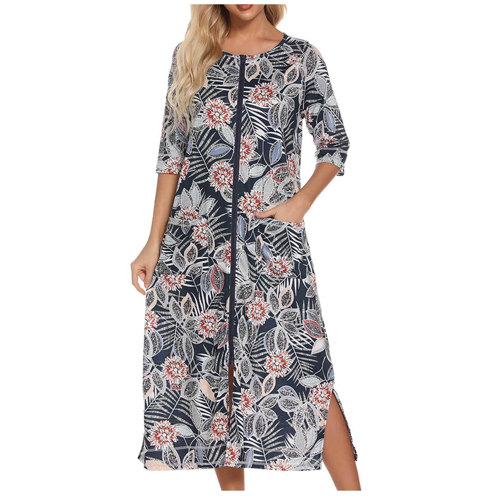 TMOYZQ Women's 3/4 Sleeve Full Length Nightshirt Round Neck Zip Up