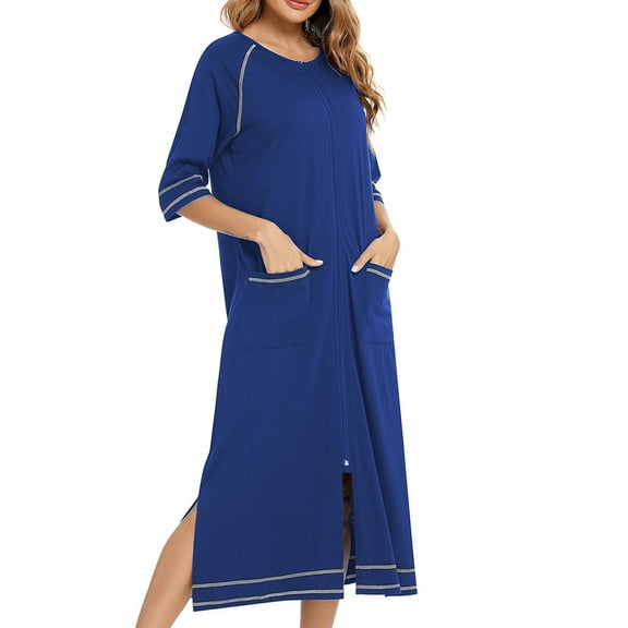 TMOYZQ Women's 3/4 Sleeve Full Length Nightshirt Round Neck Zip Up Pajama Dress Nightgown Soft Comfy Long Nighties Sleepwear Sleep Dress with Pockets