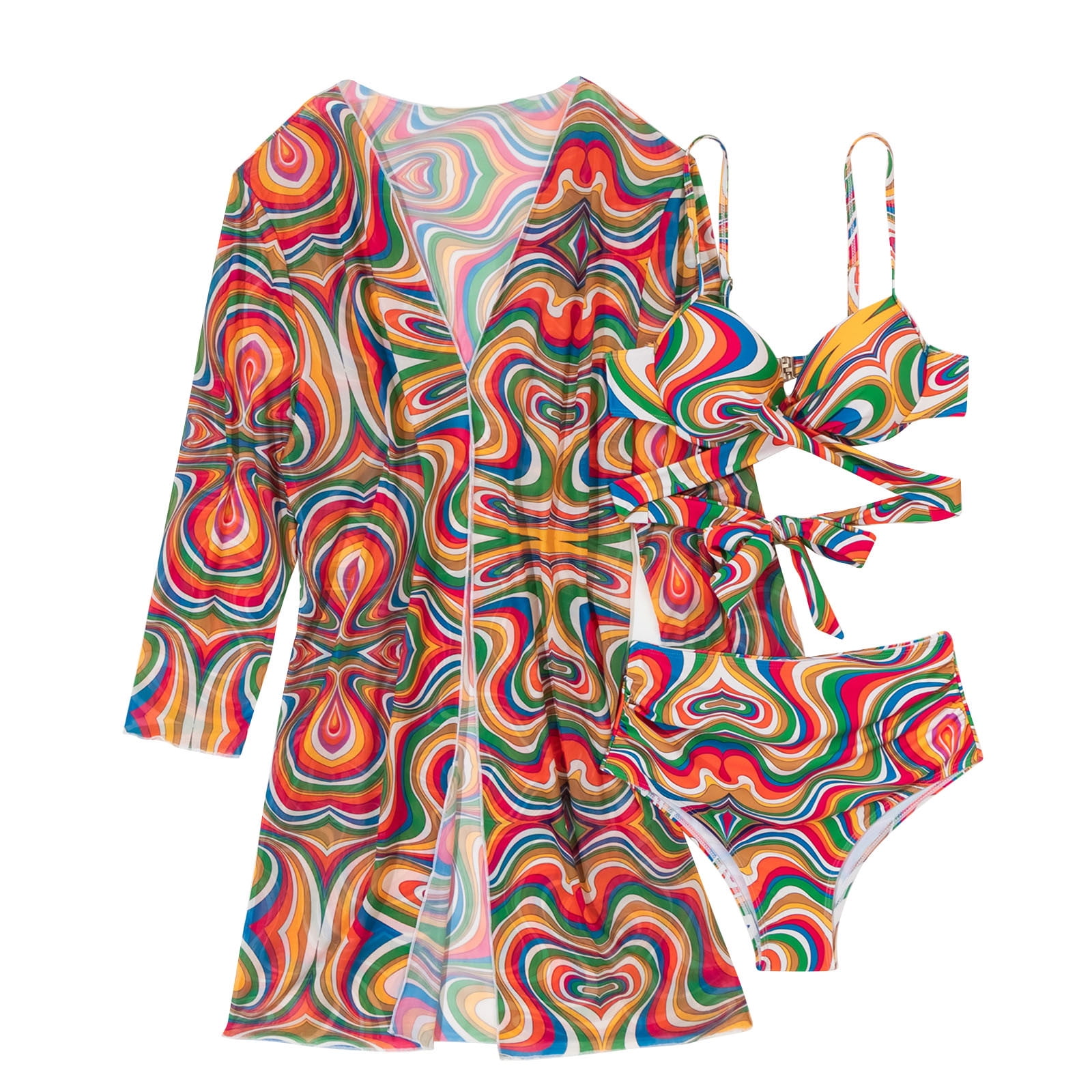 TMOYZQ Women's 3 Piece High Waisted Swimsuits Bohemian Tropical Printed Bikini Sets Tummy