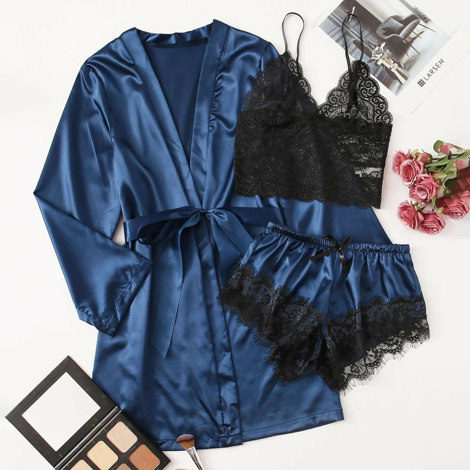 TMOYZQ Women's 3Pcs Pajamas Sets Satin Silk Sexy Lingerie Set Cami ...