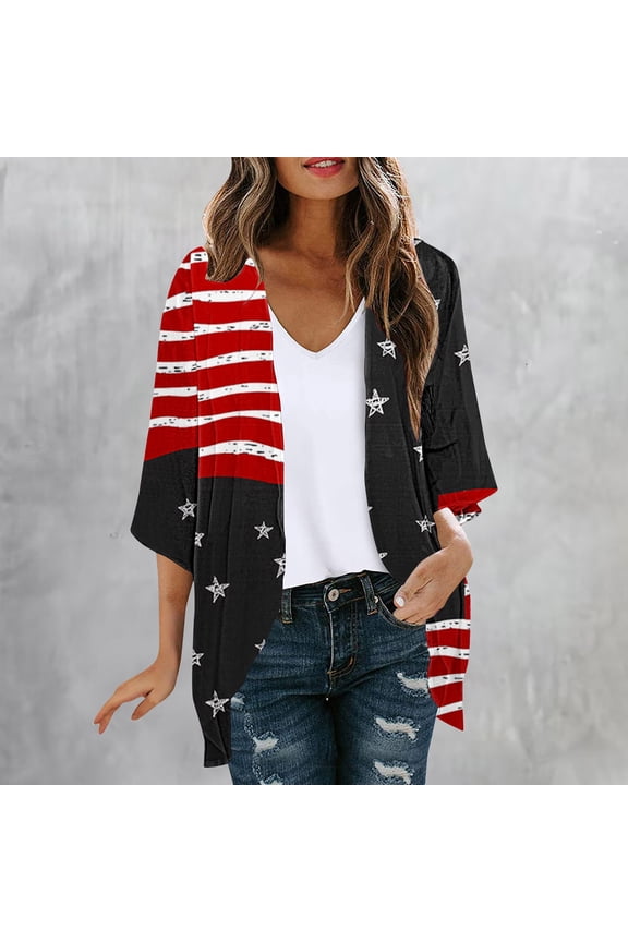 Women's American Flag Kimono Cover up Beachwear 4th of July Cardigan Loose Lightweight 3/4 Sleeve Blouse Tops