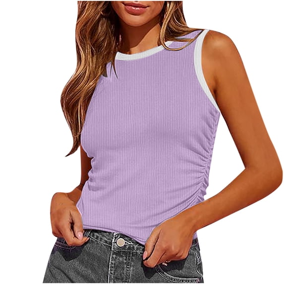 TMOYZQ Women's Basic Tank Tops Summer Sleeveless Striped Form Fitting Crew Neck Ribbed Knit Basic Cami Shirts Lounge Bodysuit Tank Tops
