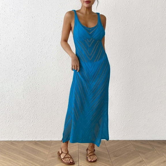 TMOYZQ Women’s Beach Cover Ups Dress Crochet Sleeveless Hollow Out Side Split Maxi Knit Bikini Beachwear