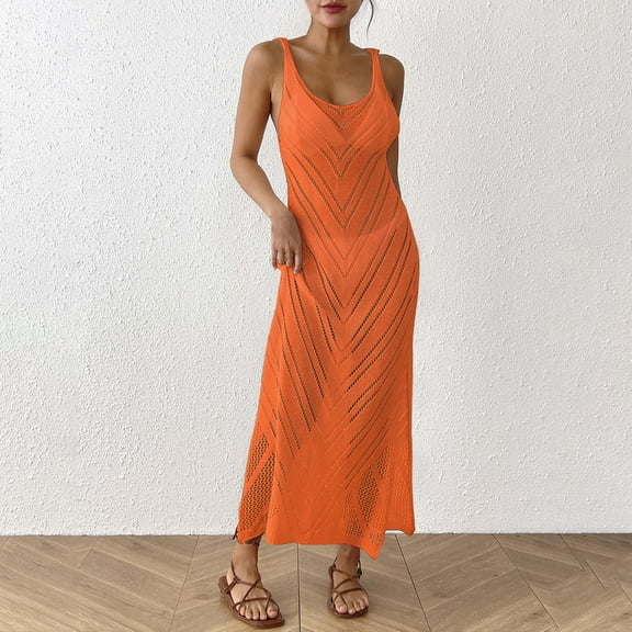 TMOYZQ Women’s Beach Cover Ups Dress Crochet Sleeveless Hollow Out Side Split Maxi Knit Bikini Beachwear