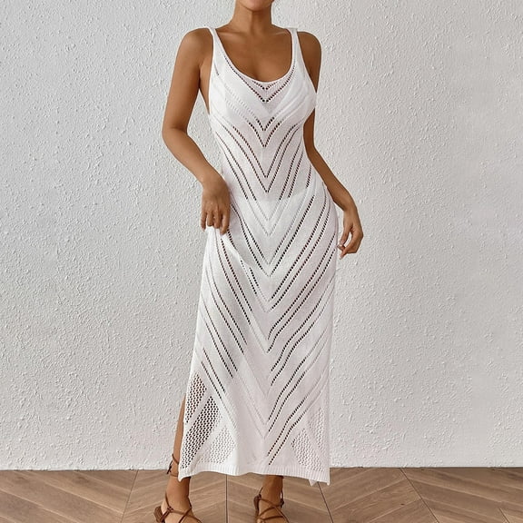 TMOYZQ Women’s Beach Cover Ups Dress Crochet Sleeveless Hollow Out Side Split Maxi Knit Bikini Beachwear