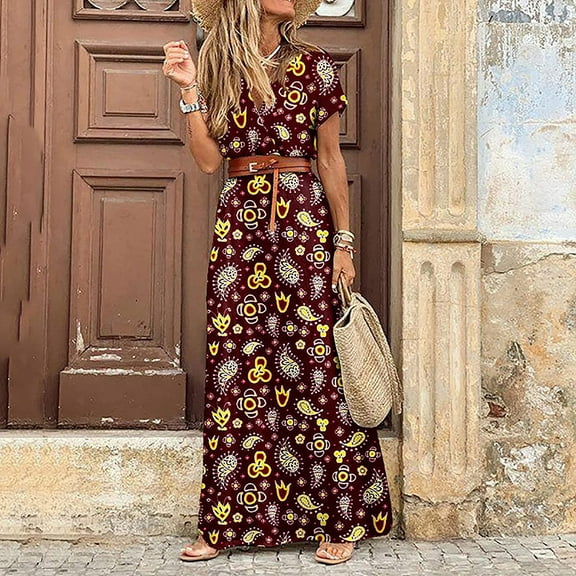 TMOYZQ Women's Boho Short Sleeve V-Neck Flowy Long Maxi Dress Summer Loose Casaul Beach Vacation Dress Wedding Guest Dress with Belt