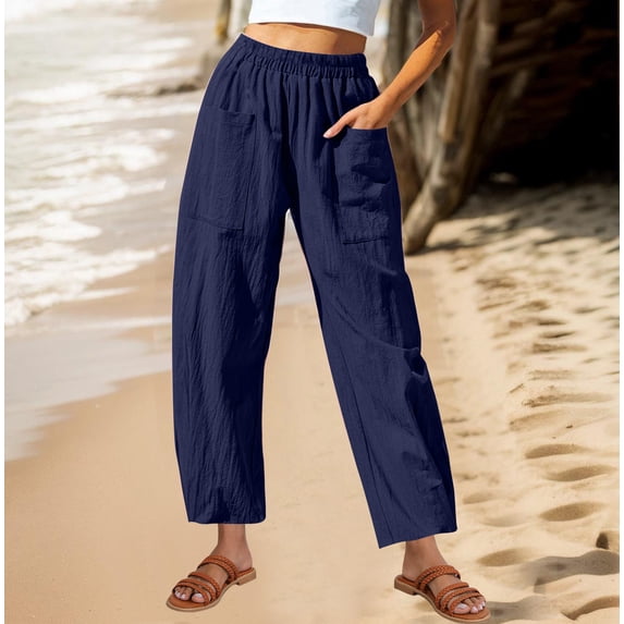 TMOYZQ Women's Capri Yoga Pants Cotton Linen Loose Wide Leg Pants Soft Workout Causal Lounge Pants with Pockets