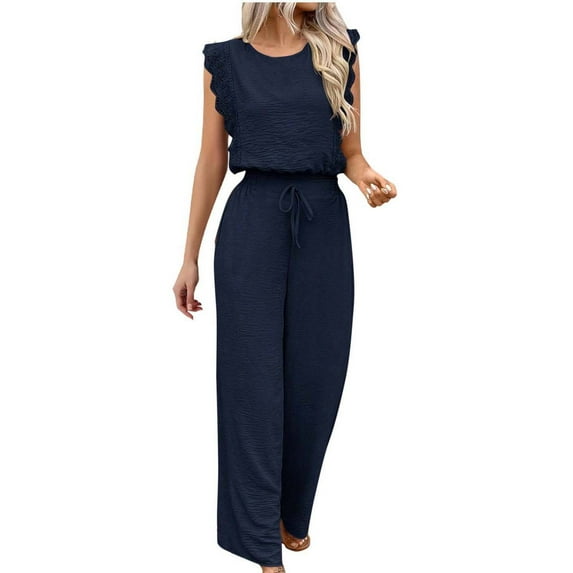 TMOYZQ Womens Summer Jumpsuits Dressy Casual Ruffle Sleeveless One Piece Outfits Vacation Beach Wide Leg Long Pants Rompers Overalls