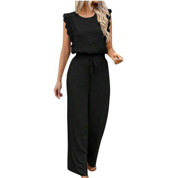 TMOYZQ Womens Summer Jumpsuits Dressy Casual Ruffle Sleeveless One Piece Outfits Vacation Beach Wide Leg Long Pants Rompers Overalls