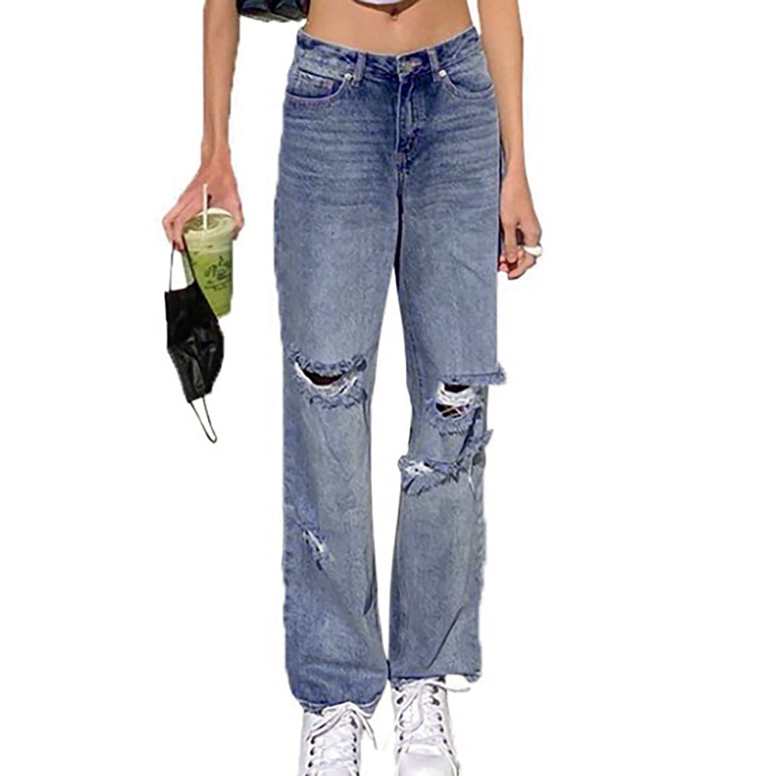 Wide leg pants for women casual loose hole jeans ladies ripped jeans