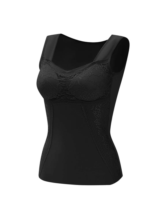 Women's Compression Tank Tops Lace Sleeveless Thermal Underwear Tops Seamless Tummy Control Shapewear Camisoles Undershirt Warm Base Layer Veast with Built-In Bra