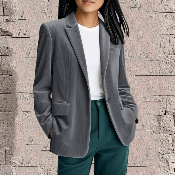 TMOYZQ Women's Corduroy Blazer Long Sleeve Loose Fit Jacket One Button Lapel Jacket Work Office Coat Outerwear