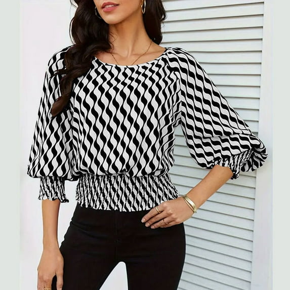 TMOYZQ Women's Crop Top Striped Crew Neck Short Sleeve Blouse Shirred Ruffle Peplum Blouse Tops