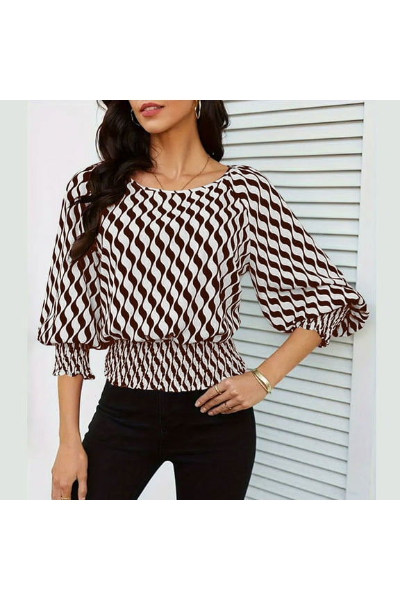 Women's Crop Top Striped Crew Neck Short Sleeve Blouse Shirred Ruffle Peplum Blouse Tops