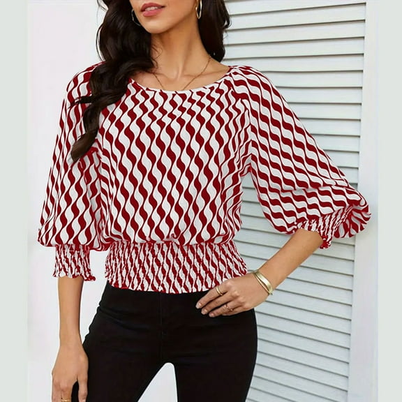 TMOYZQ Women's Crop Top Striped Crew Neck Short Sleeve Blouse Shirred Ruffle Peplum Blouse Tops