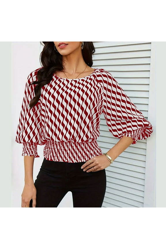 Women's Crop Top Striped Crew Neck Short Sleeve Blouse Shirred Ruffle Peplum Blouse Tops
