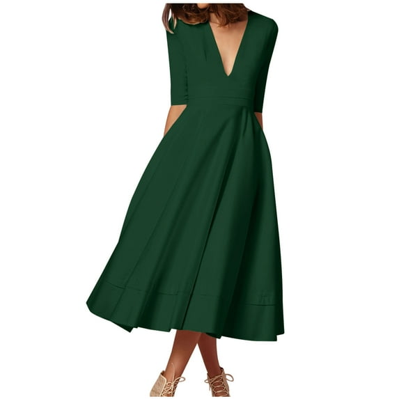 TMOYZQ Women's Deep V Neck A-Line Midi Dress Half Sleeve High Waist Flowy Swing Cocktail Party Dress Smocked Long Dresses Wedding Guest Dress