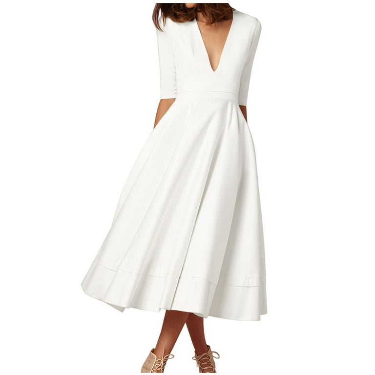 knee length dresses for ladies Floating by Plunging Neckline Mesh Overlay Midi Dress White L main image 1