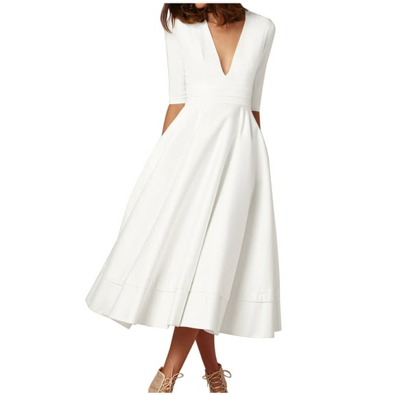 TMOYZQ Women's Deep V Neck A-Line Midi Dress Half Sleeve High Waist Flowy Swing Cocktail Party Dress Smocked Long Dresses Wedding Guest Dress