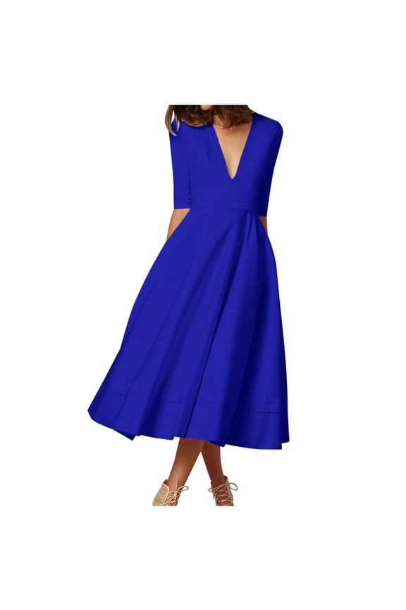 TMOYZQ Women's Deep V Neck A-Line Midi Dress Half Sleeve High Waist Flowy Swing Cocktail Party Dress Smocked Long Dresses Wedding Guest Dress