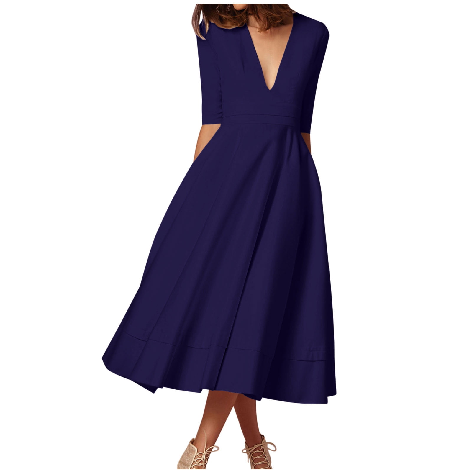 TMOYZQ Women's Deep V Neck A-Line Midi Dress Half Sleeve High Waist ...