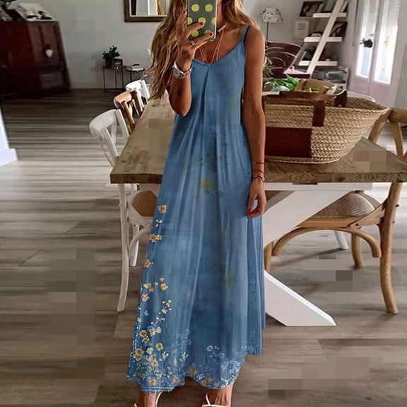 TMOYZQ Women's Dresses Plus Size Boho Floral Print Sleeveless Cami Dress Casual Beach Cocktail Party Swing Maxi Dresses