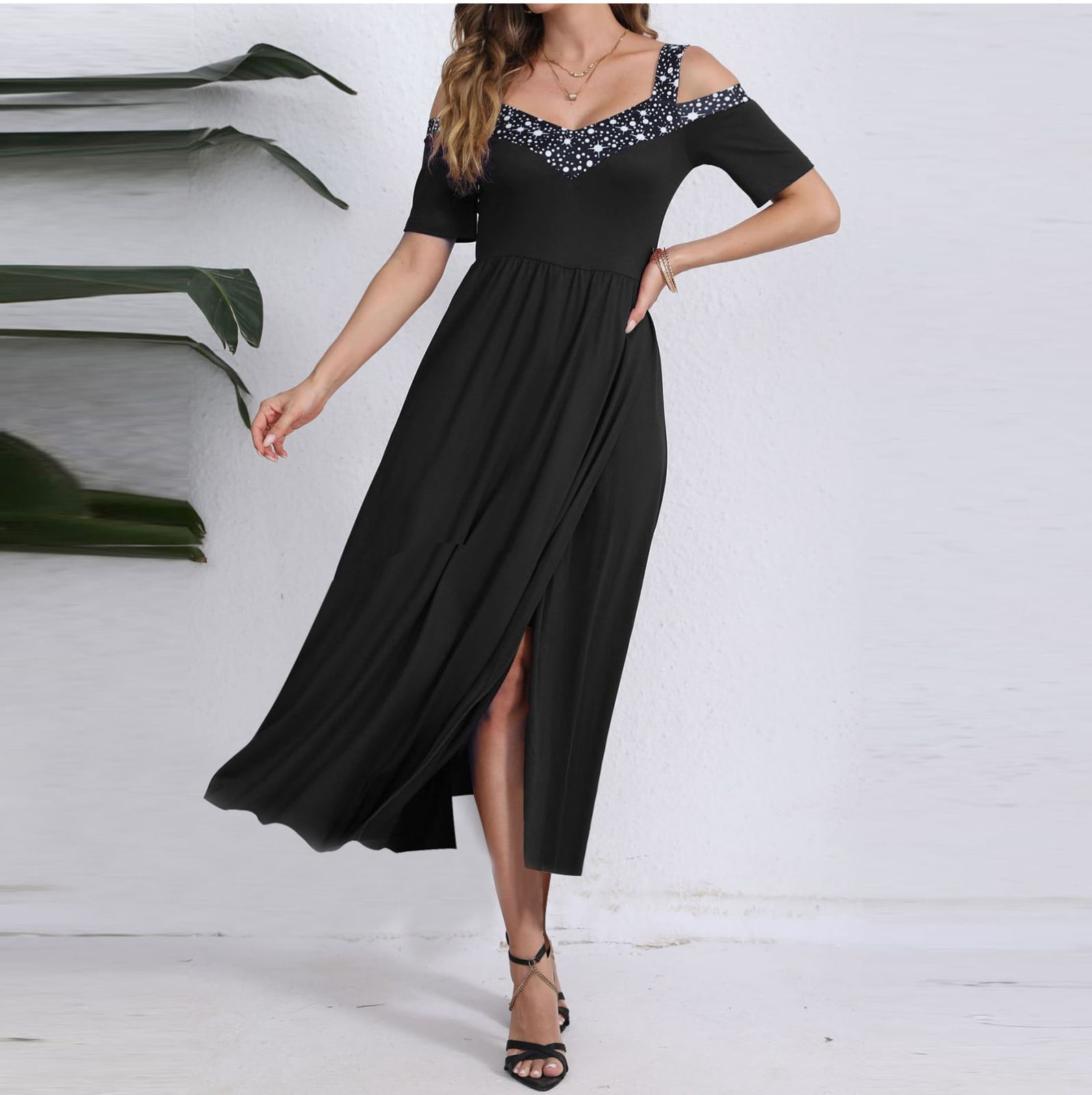 cold shoulder maxi swing dress Fewfanhot Womens Dresses Summer V Neck Cold Shoulder Short Sleeve Maxi Dress High Waist Split Wedding Guest Long Dress