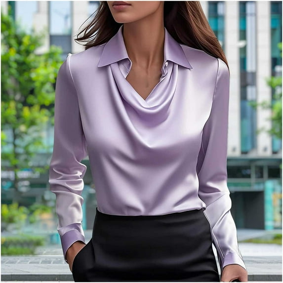 TMOYZQ Women's Elegant Shirts Solid Color Collared Long Sleeve Shirts Formal Work T Shirts Casual 2025 Spring Office Tops